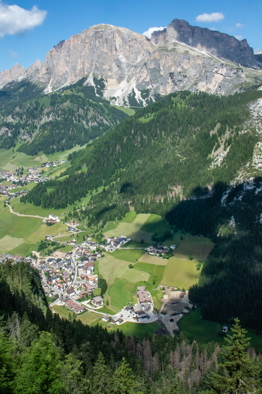 View west, back down to Corvara.