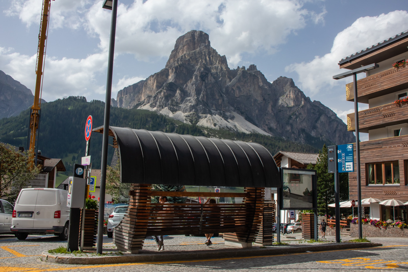 view of Mount Sassongher from Corvara bus station